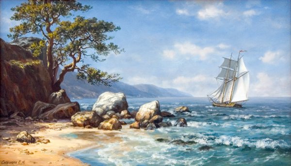 Маяк и парусник в море