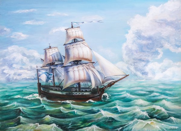 Корабль в море гуашью