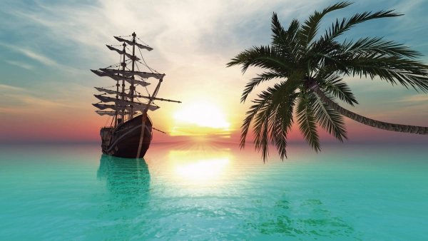 Море закат корабль пальмы