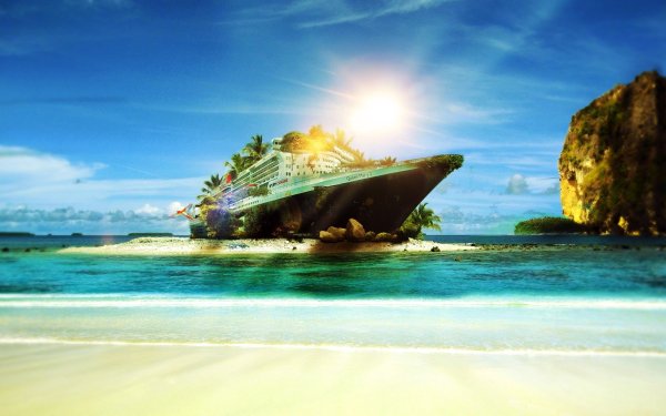 Корабль на берегу тропического острова