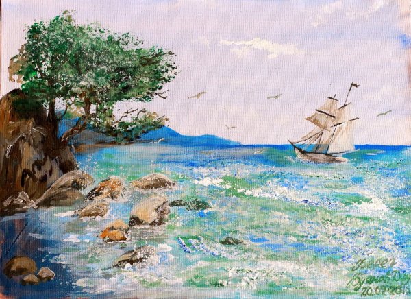 Рисование акрилом морского пейзажа