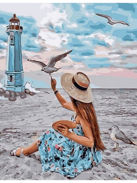 Живопись девушка у моря, Чайки
