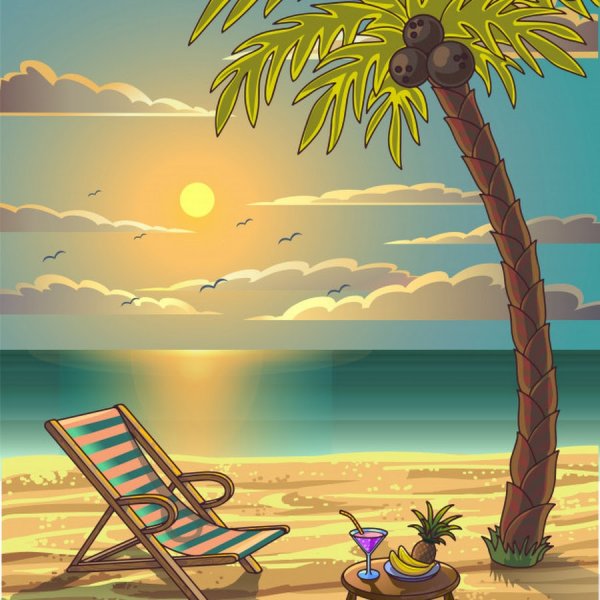 Арт пляжа с лежаками