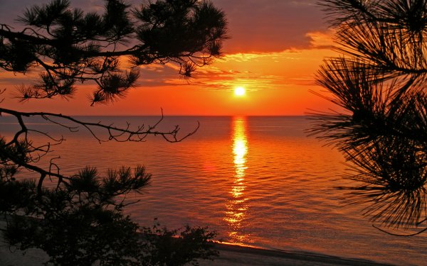 Закат в море горы лес