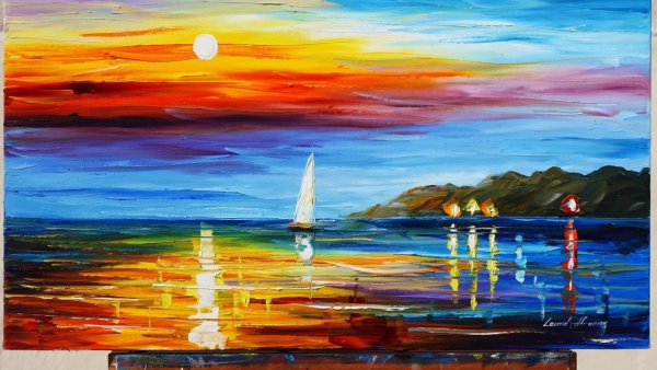 Закат на море гуашью