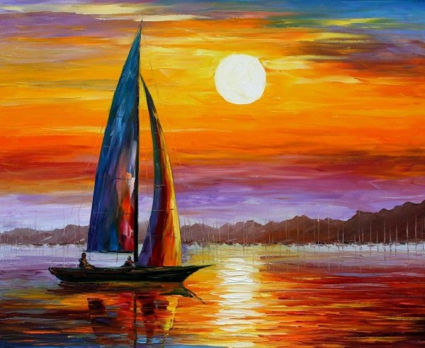 Корабль на закате гуашь