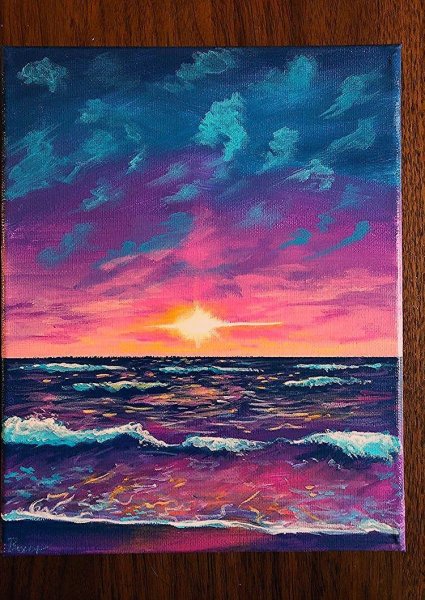 Морской пляж закат гуашь