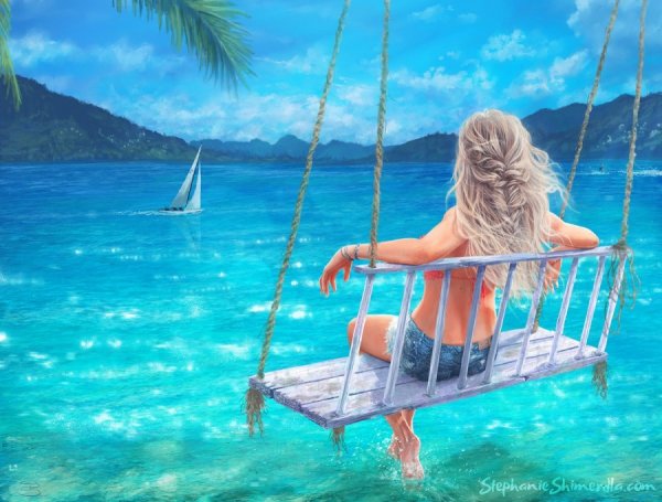 Нарисованная девушка на море