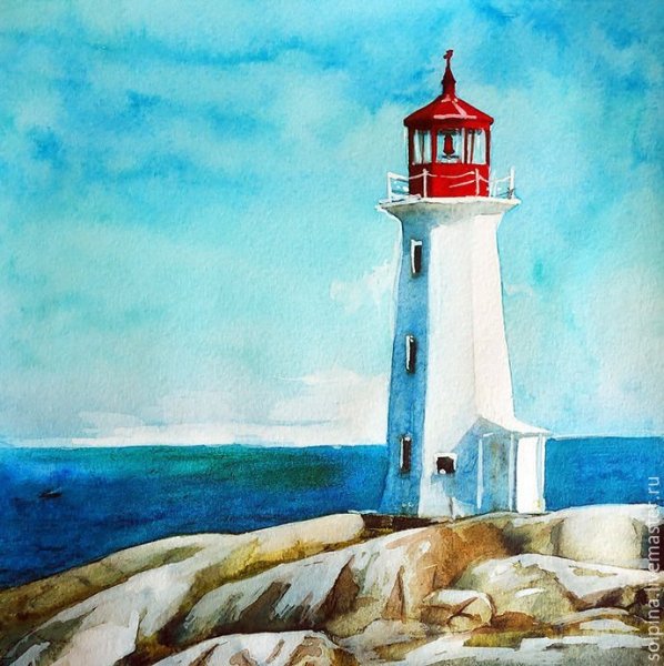 Акварель море Маяк