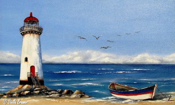 Парусник море Маяк живопись маслом