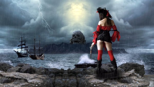 Девушка на фоне корабля