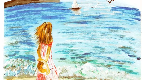 Девушки у моря гуашью