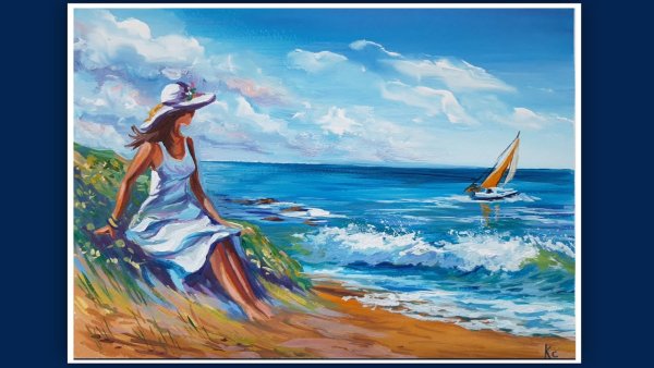 Девушки у моря гуашью