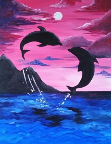 Морской пейзаж с дельфинами