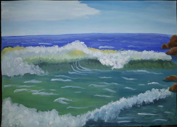 Детский рисунок цветными карандашами волнующееся море