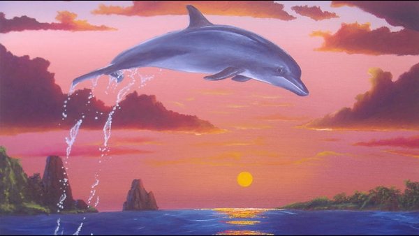 Морской пейзаж с дельфинами