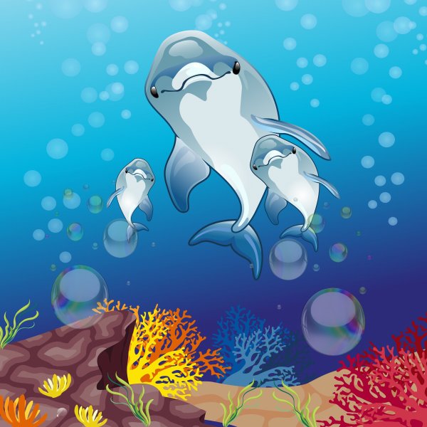 Дельфины гуашью