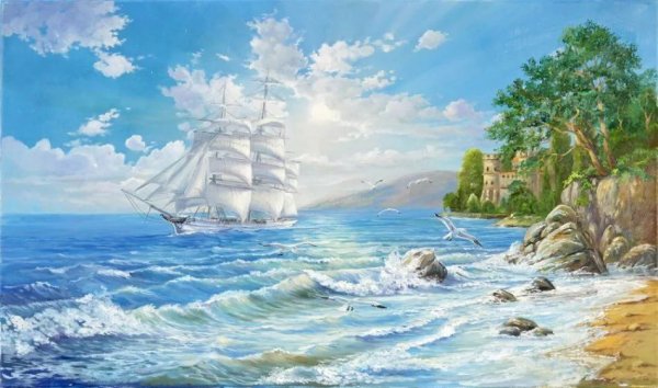 Красивый морской пейзаж с кораблем