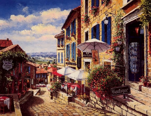 Париж , улочки , кафе , картина маслом