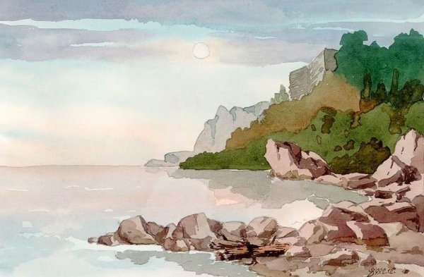 Утес акварель