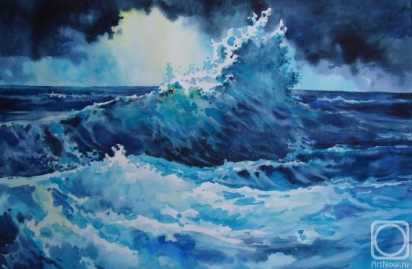 Бушующее море акварелью