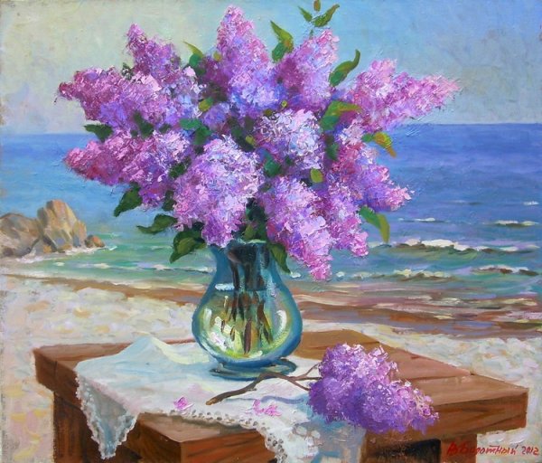 Букет на фоне море живопись