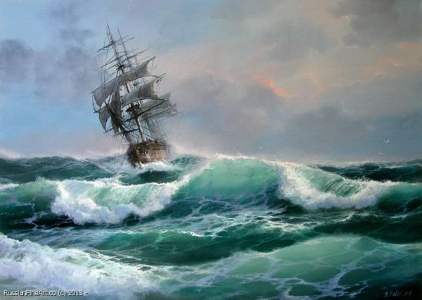 Шторм в океане на закате