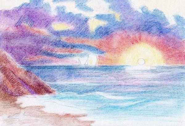 Морской пейзаж цветными карандашами