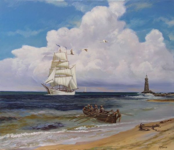 Море парусник Маяк живопись