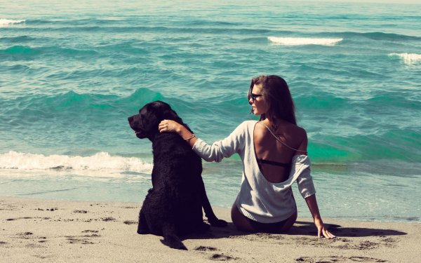 Девушка с собакой на пляже