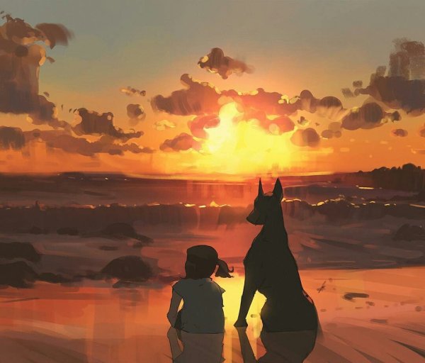 Человек с собакой на море на закате