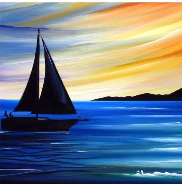 Корабль на закате гуашь