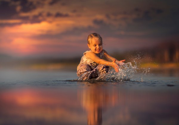 Семья со спины на закате