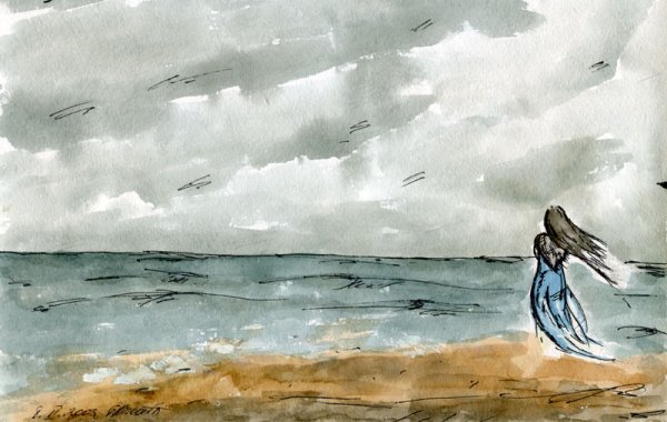 Люди на море карандашом