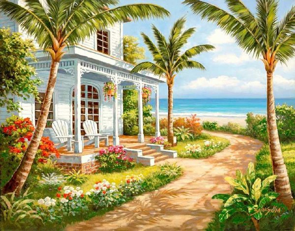 Вышивка домик у моря