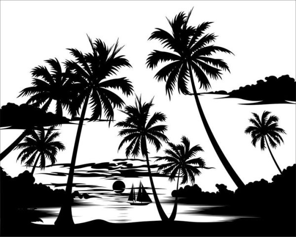 Побережье с пальмами силуэт