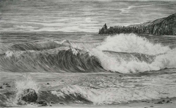 Морской пейзаж в графике