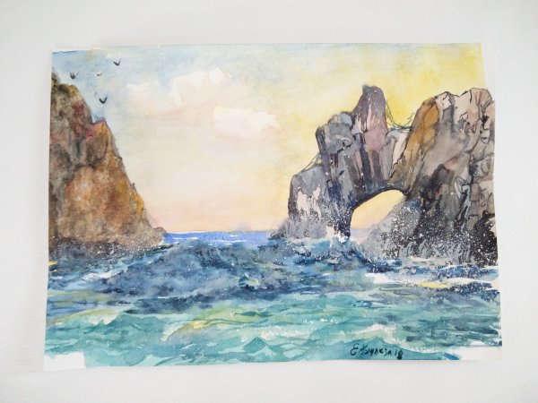 Море скалы акварель