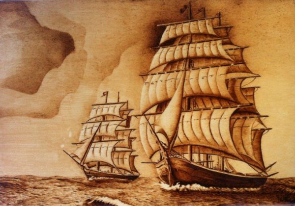 Выжигание по дереву "корабль"