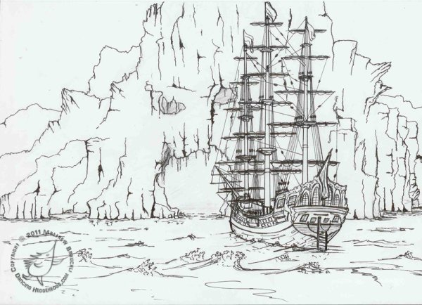 Пиратский корабль карандашом цветным