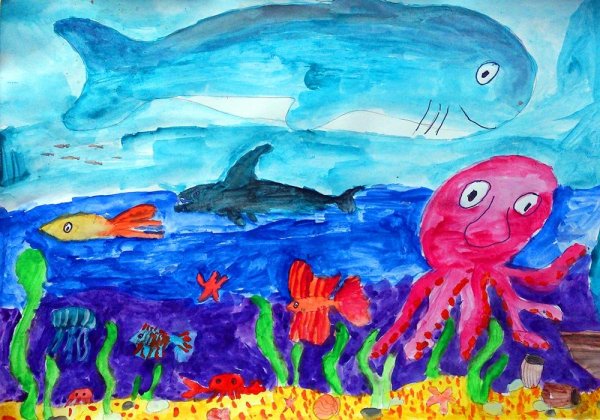 Морские обитатели акварелью