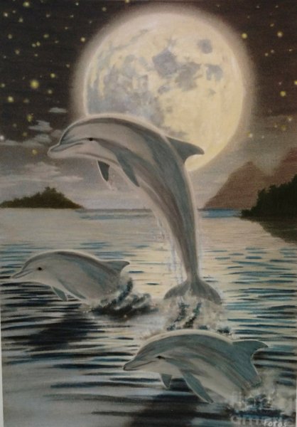 Морской пейзаж с дельфинами