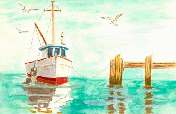 Пристань с кораблем иллюстрация