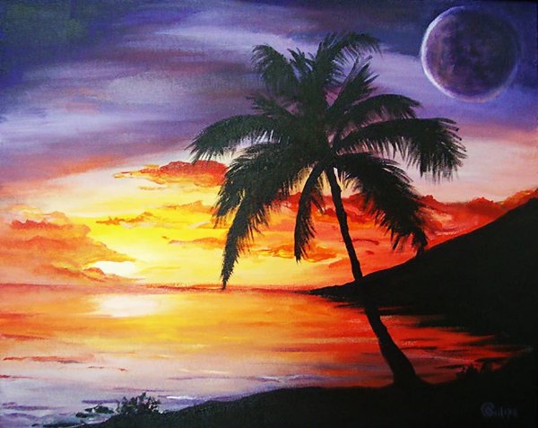 Закат с пальмами гуашью