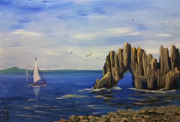 Пейзаж моря гуашью