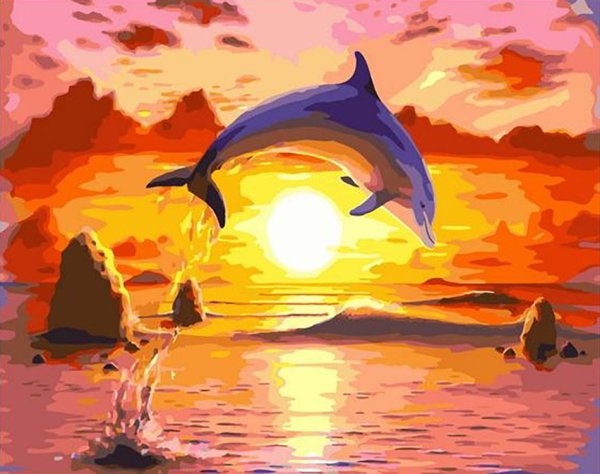 Морской пейзаж с дельфинами