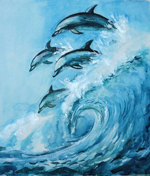 Дельфины акварелью