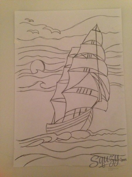Корабль на волнах карандашом