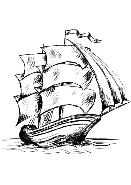 Корабль парусный карандашом сбоку