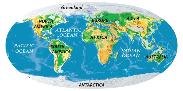 Карта мира с названиями материков и океанов